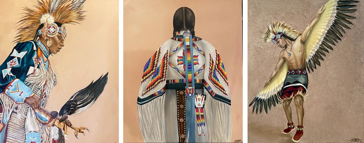 Series of three portraits depicting a Navajo grass dancer in profile, a shawl dancer with back turned to the viewer, and an eagle dancer with arms and wings outstretched. 