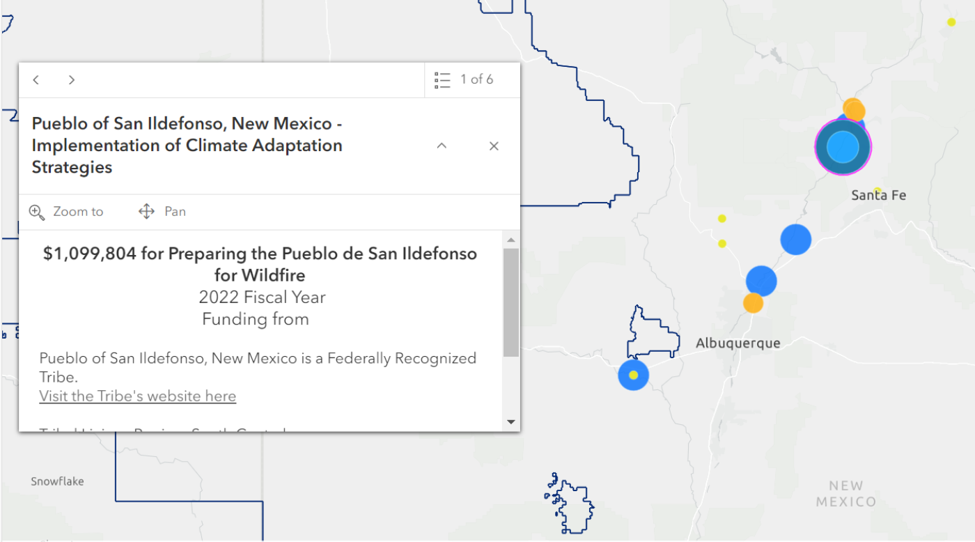 TCR Annual Awards Dashboard showing a detailed view of the Pueblo of San Ildefonso implementation project to prepare for wildfires.