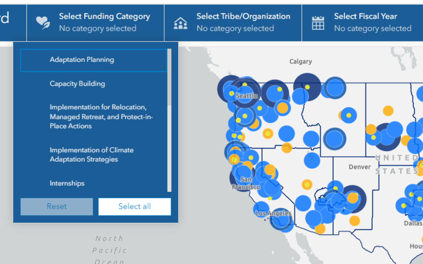 TCR Annual Awards Dashboard map view showing filter by funding category function.