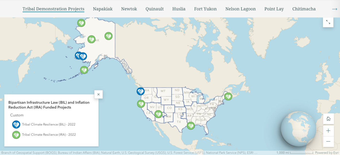 Community Driven Relocation StoryMap showing the locations of the 11 demonstration projects funded by the Bipartisan Infrastructure Law and the Inflation Reduction Act for the Native Village of Napakiak, Newtok Village, Quinault Indian Nation, Huslia Village, Native Village of Fort Yukon, Native Village of Nelson Lagoon, Native Village of Point Lay, Chitimacha Tribe of Louisiana, Havasupai Tribe, Passamaquoddy Indian Tribe, and Yurok Tribe.