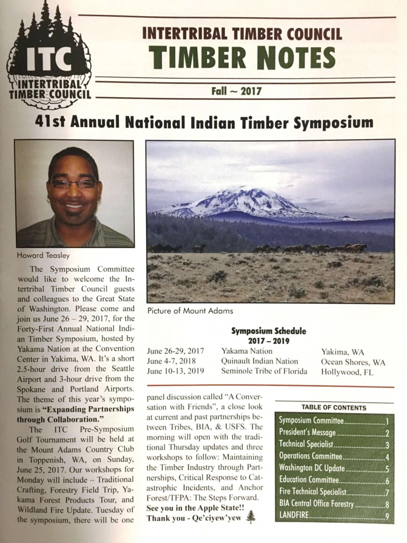 A scan of the one-page Intertribal Timber Council's Timber Notes Fall 2017 issue.