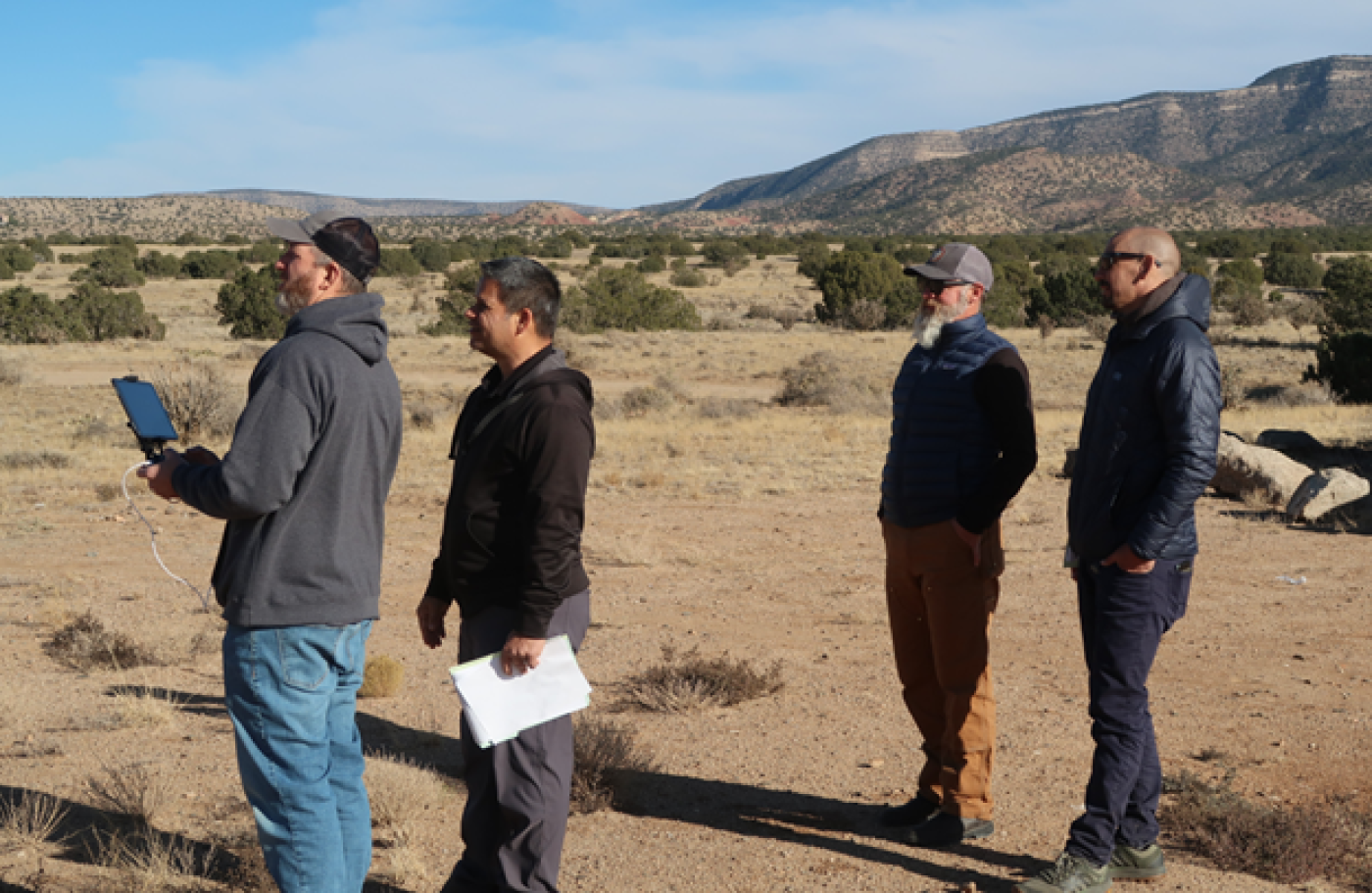Uncrewed Aircraft Systems piloting students take part in a four-person training module near Placitas, NM on the Sandia Ranger District of the Cibola National Forest.